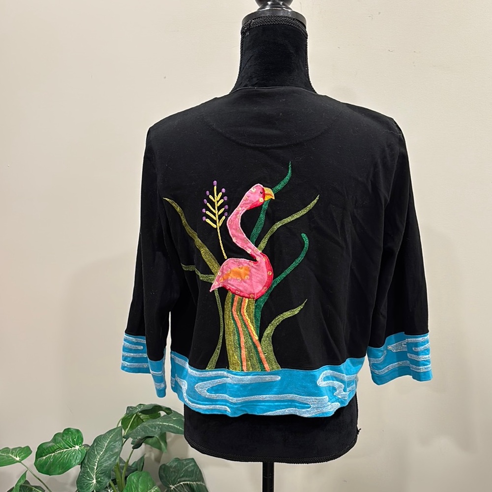 Parsley & Sage Black Cardigan Top with Sequin, Appliqué, Embroidered Flamingos - Picture 2 of 9